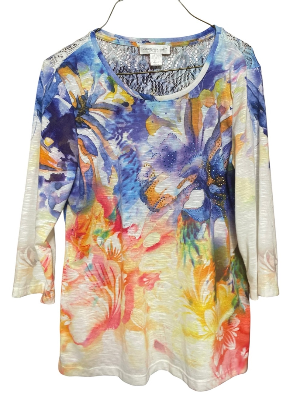 Christopher & Banks Multicolor Floral Long Sleeve Tee - Blue/Pink/Yellow/Orange